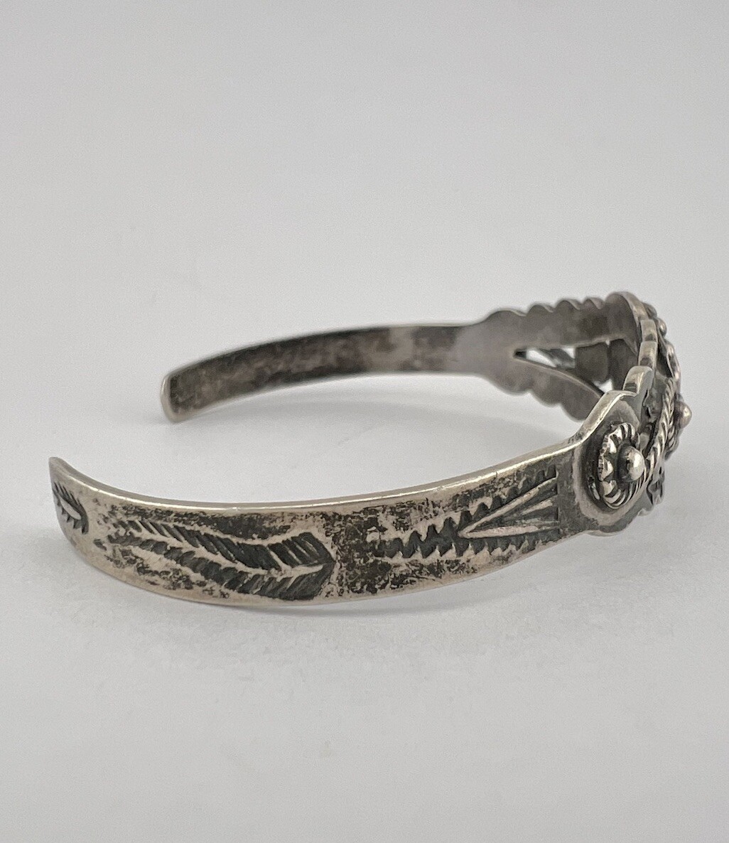 Fred Harvey Era Navajo Sterling Silver Cerrillos Turquoise Stamped Cuff Bracelet