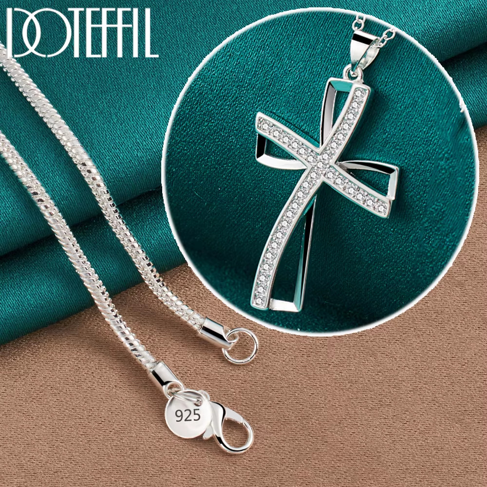 925 Sterling Silver 16-30 Inch Chain Cross AAA Zircon Pendant Necklace for Woman