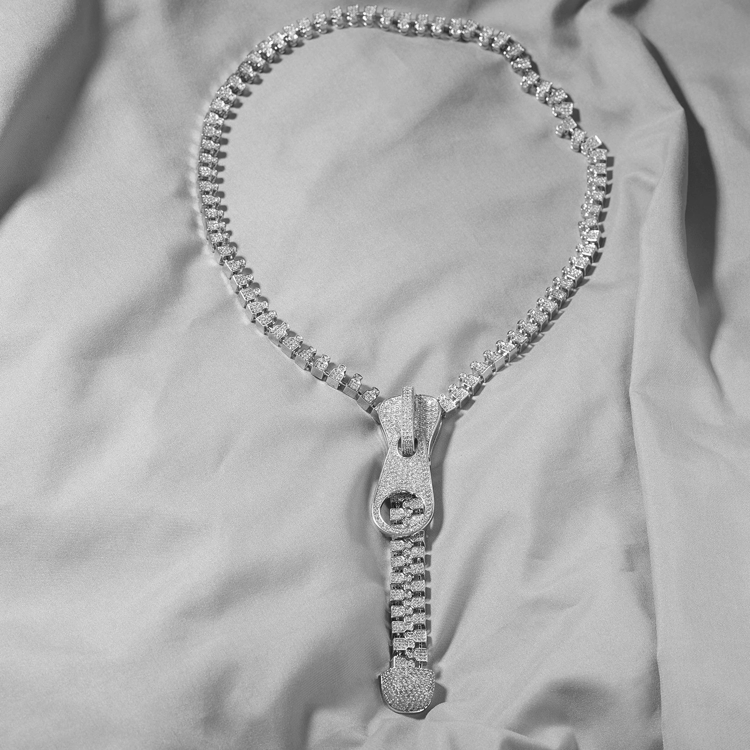 5AAA+ CZ Ice Out Hop Hip Bling Collar Zipper Chain Necklace 14k Gold Plated