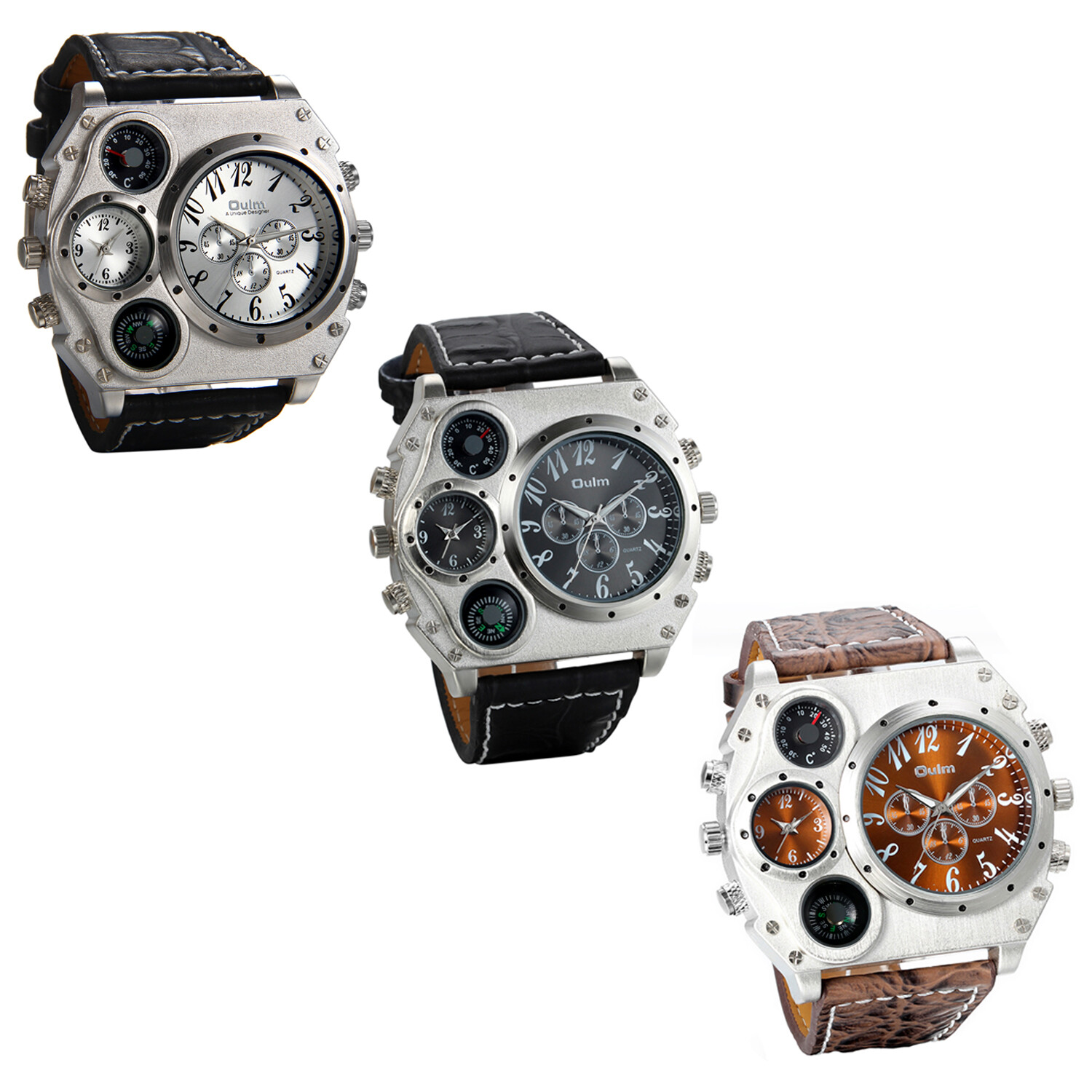 Men’s Sport Army Multi-functional 2 Time Zones Dial Leather Quartz Wrist Watch