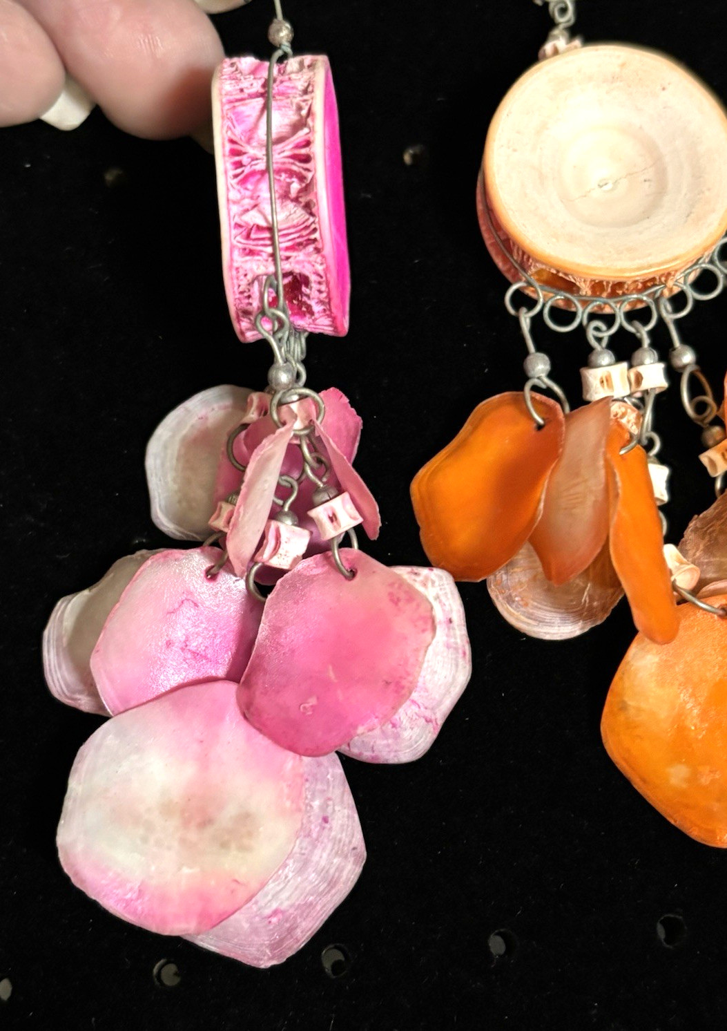 Shell Dangle Disc Fringe Hippie Boho Pink/Orange Silver Tone Earrings 3.75in