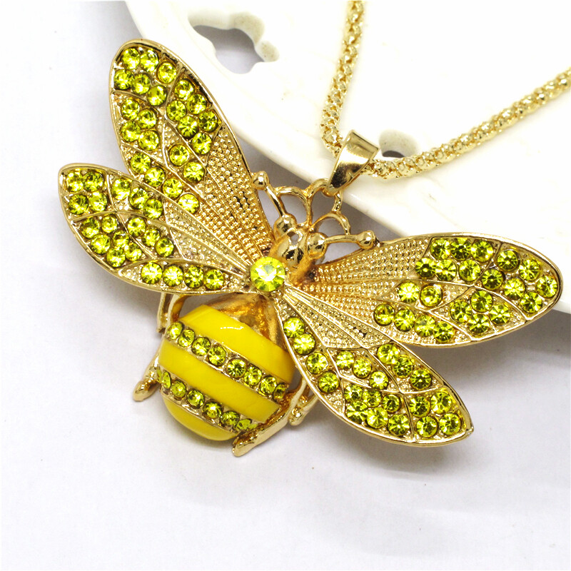 Fashion Yellow Rhinestone Honey Insect Crystal Pendant Sweater Chain Necklace