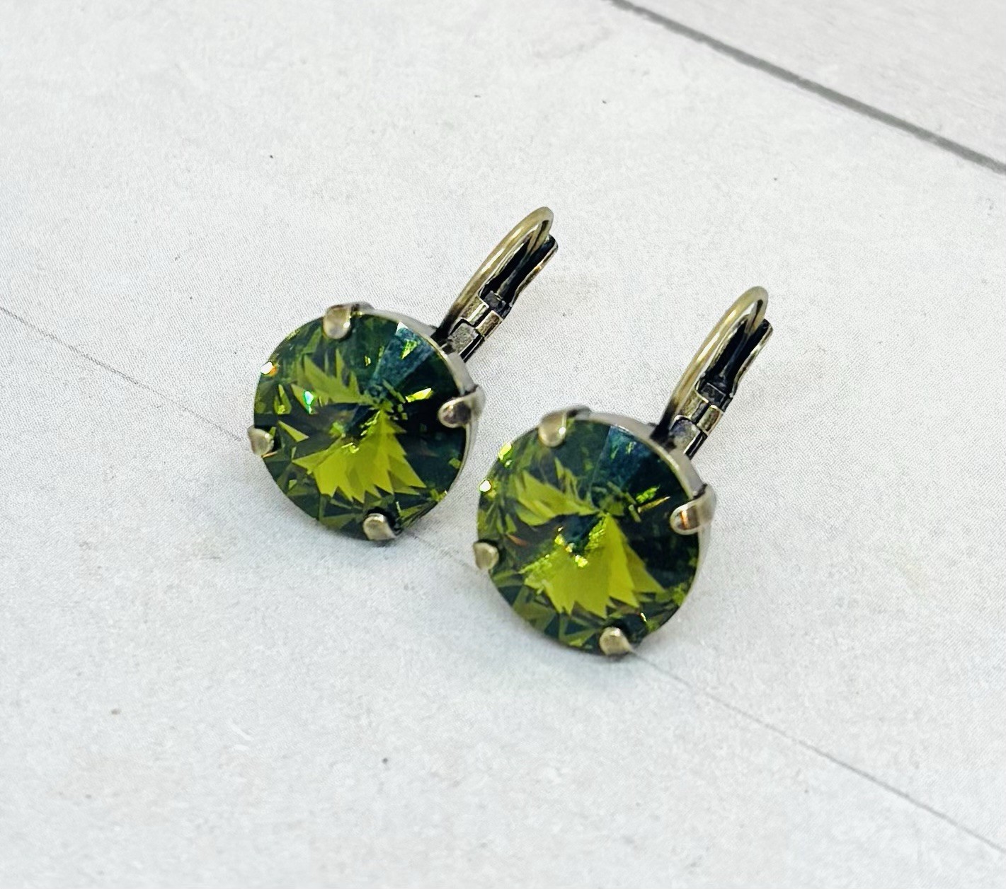 14mm Antique Brass Plated Olive Green Crystal Cup Chain Earrings
