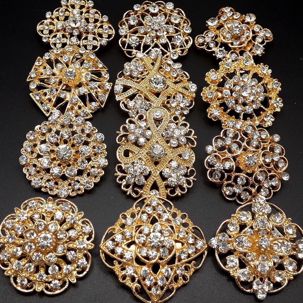 Lot 24 pc Mixed Alloy Golden Rhinestone Crystal Brooch DIY Wedding Bouquet