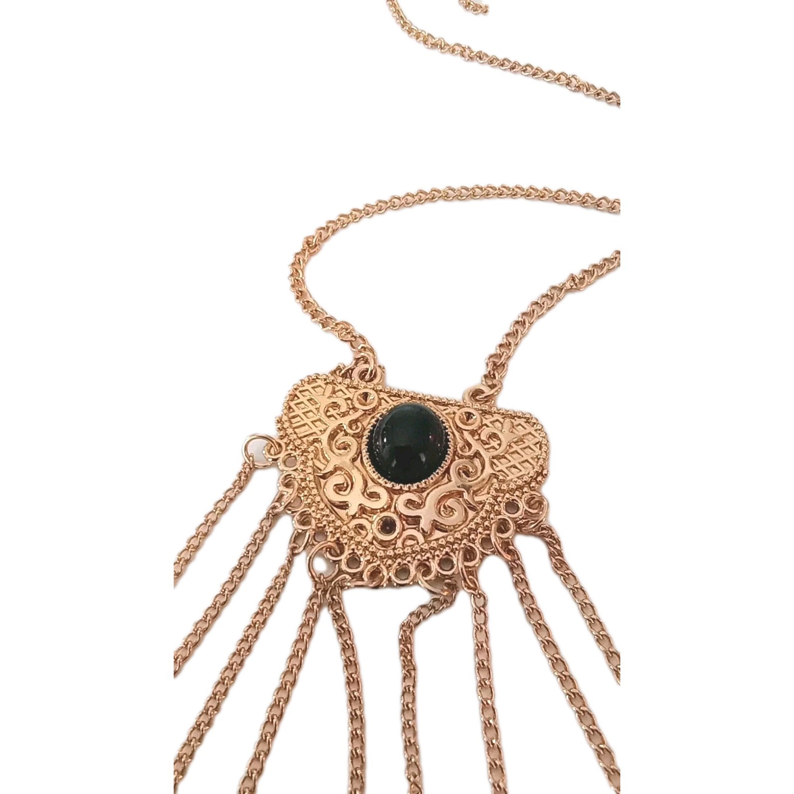 Vintage Tassel Dangle Necklace Faux Black Onyx Gold Tone 28 in