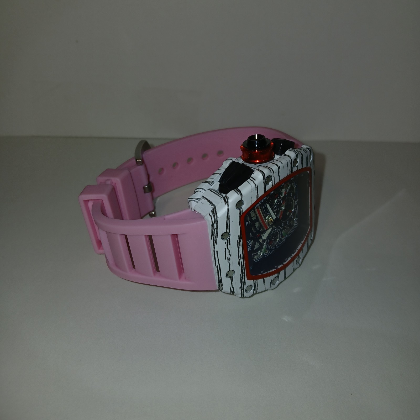 ​BiBi Sports Quartz Watch Chronograph Skeleton Face White Tonneau Pink Rubber