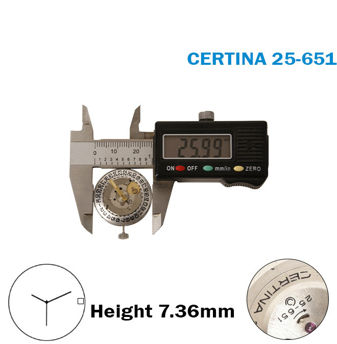 CERTINA 25-651-Automatic Movement-Silver Date Disk At 3-3 Hands-H:7.36mm-USED.