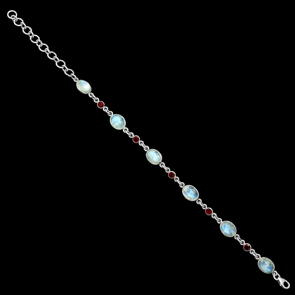Premium Quality Rainbow Moonstone – India & Garnet 925 Silver Bracelet B-1006