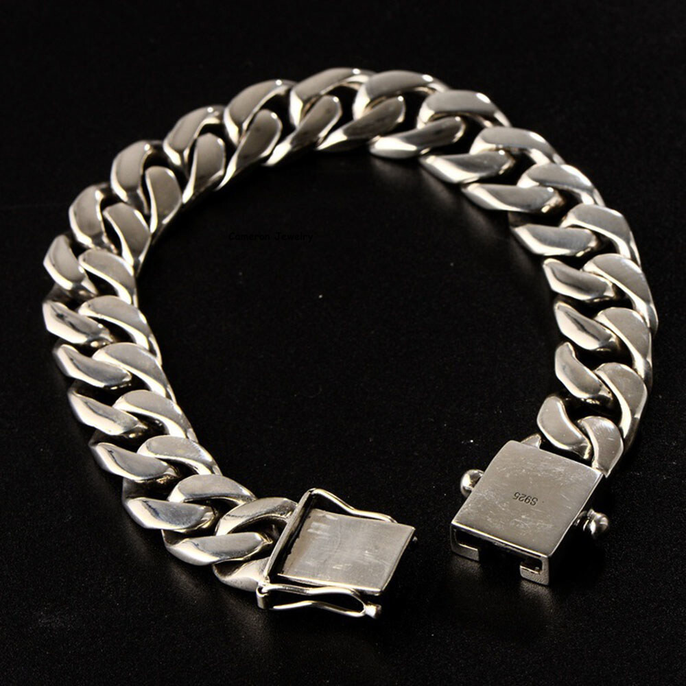 Real S925 Sterling Silver Chain Men 12mm Curb Cuban Link Bracelet 7.9-8.3inch