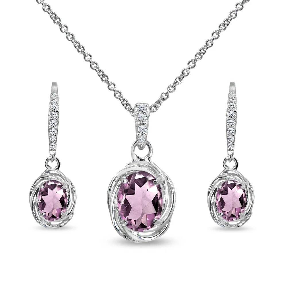 Oval Simulated Alexandrite 925 Silver Leverback Earrings & Pendant Necklace Set