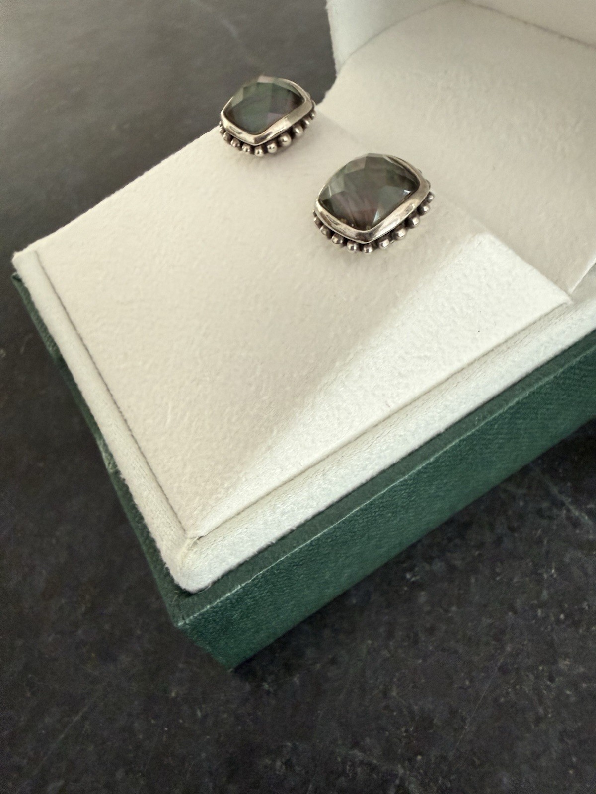 Lagos 925 Sterling Silver Gray Cushion Stud Earrings Bezel Butterfly Signed