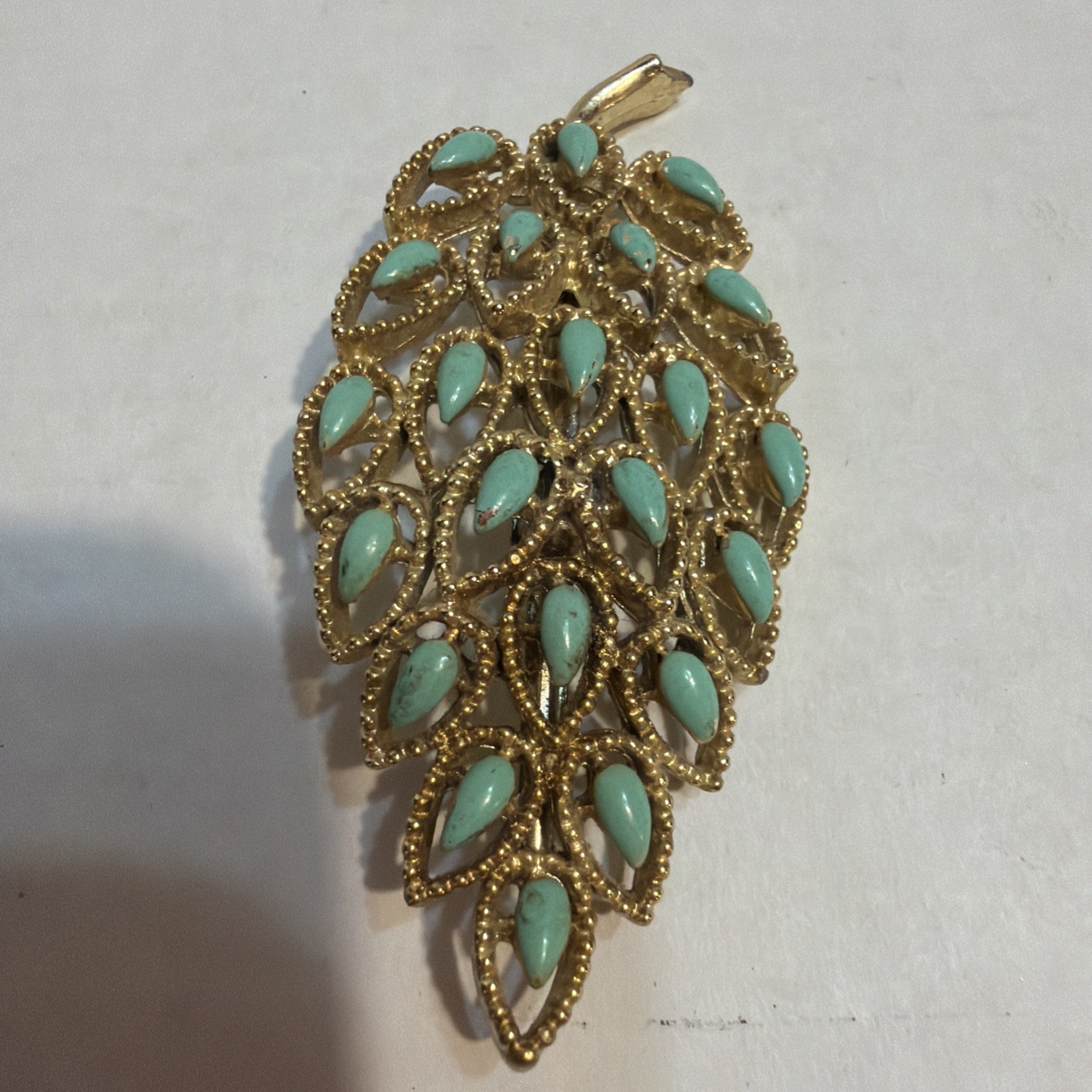Gerry’s Gold Tone Leaf Brooch Turquoise Accent Leaves Vintage 1960’s Ship 5.00