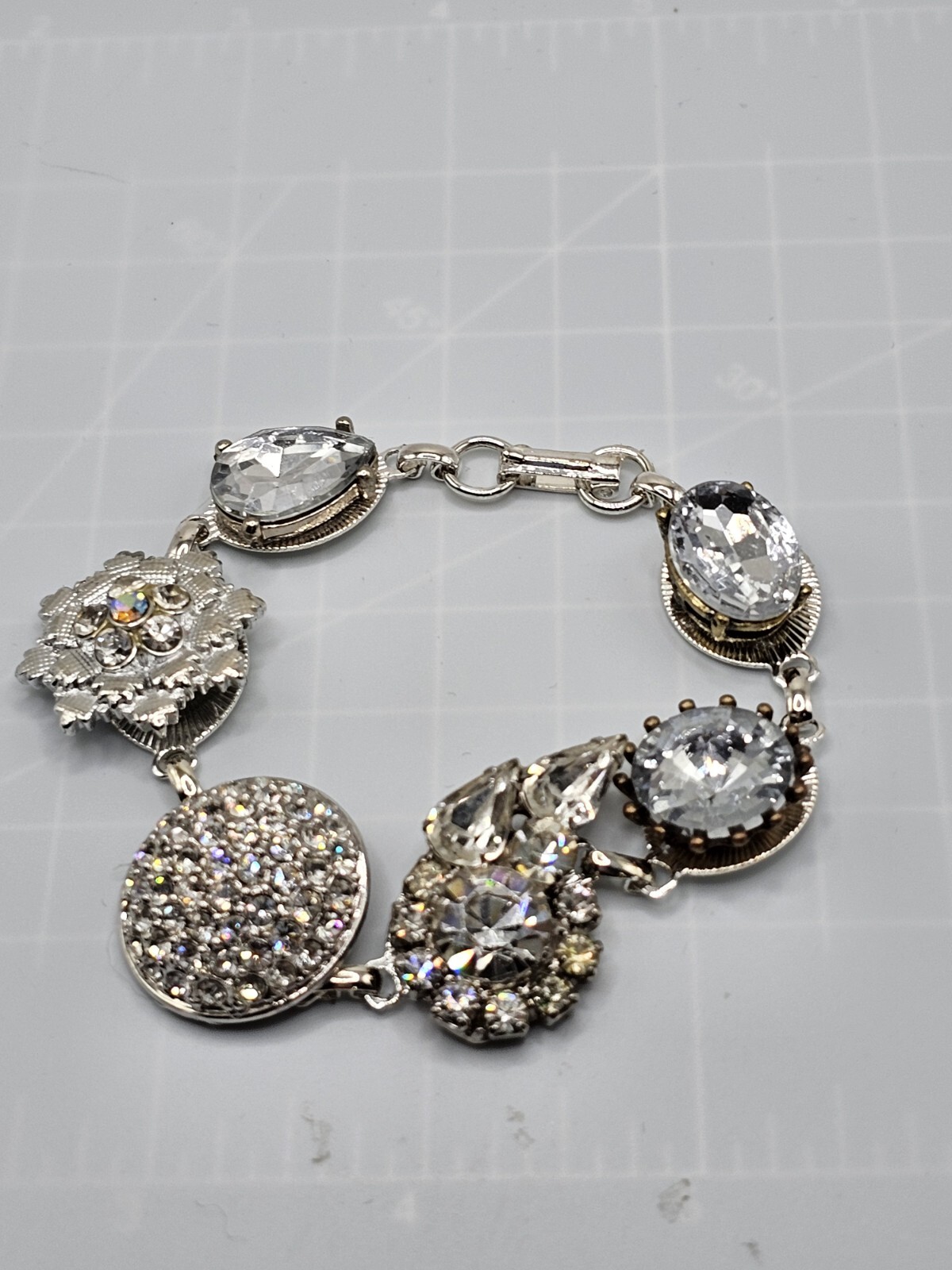 Handmade Mixed Media Rhinestone Bracelet Vtg Contemporary Jewelry OOAK 8″ Retro