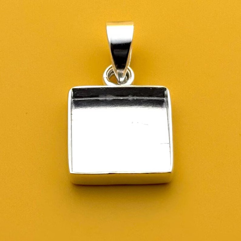 925 Sterling Silver 12mm Square Bezel Pendant Tray for Resin Cabochon Jewelry