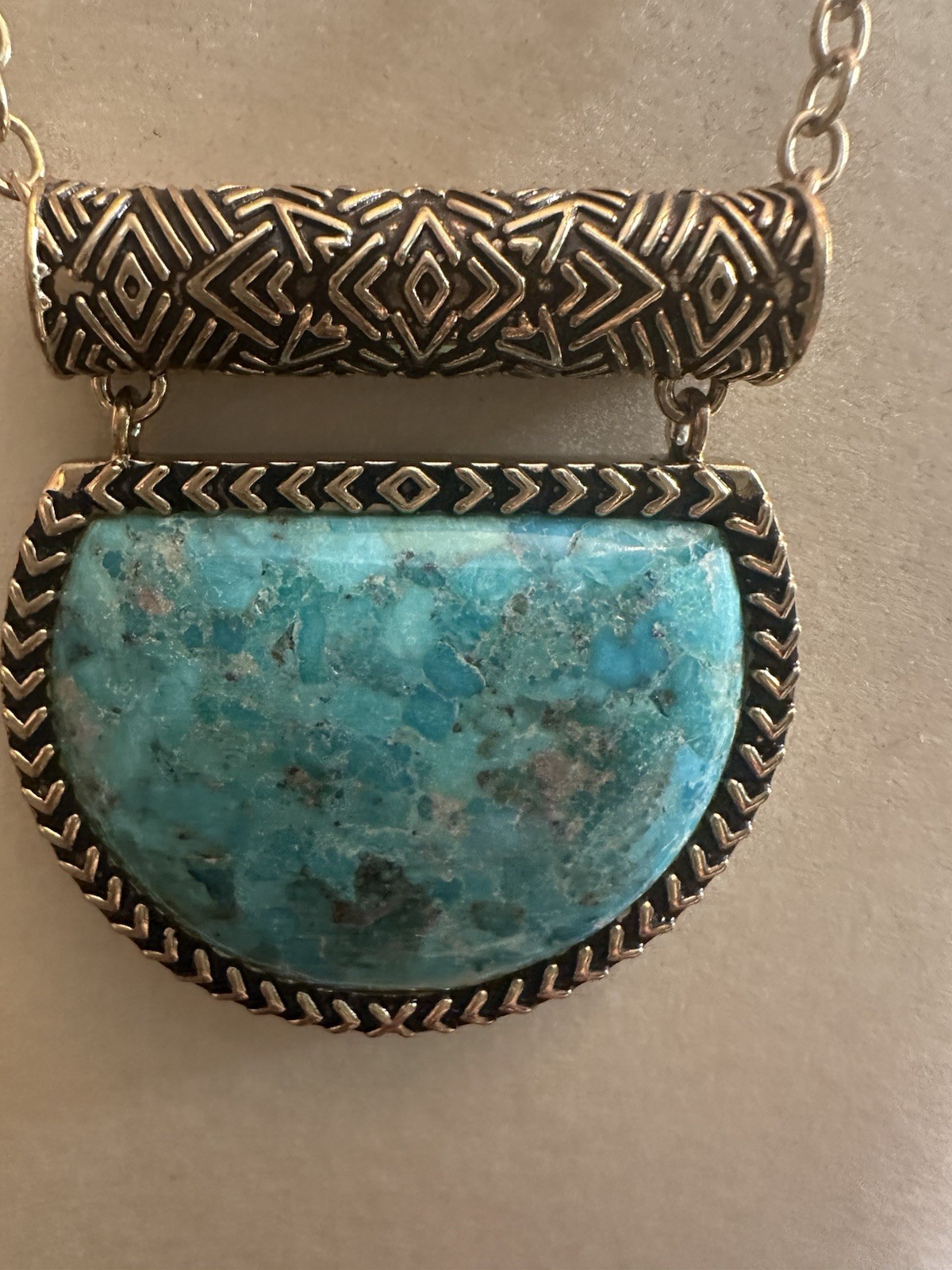 Barse Signed Turquoise Half Moon Pendant Necklace Bezel Silver Tone Thailand