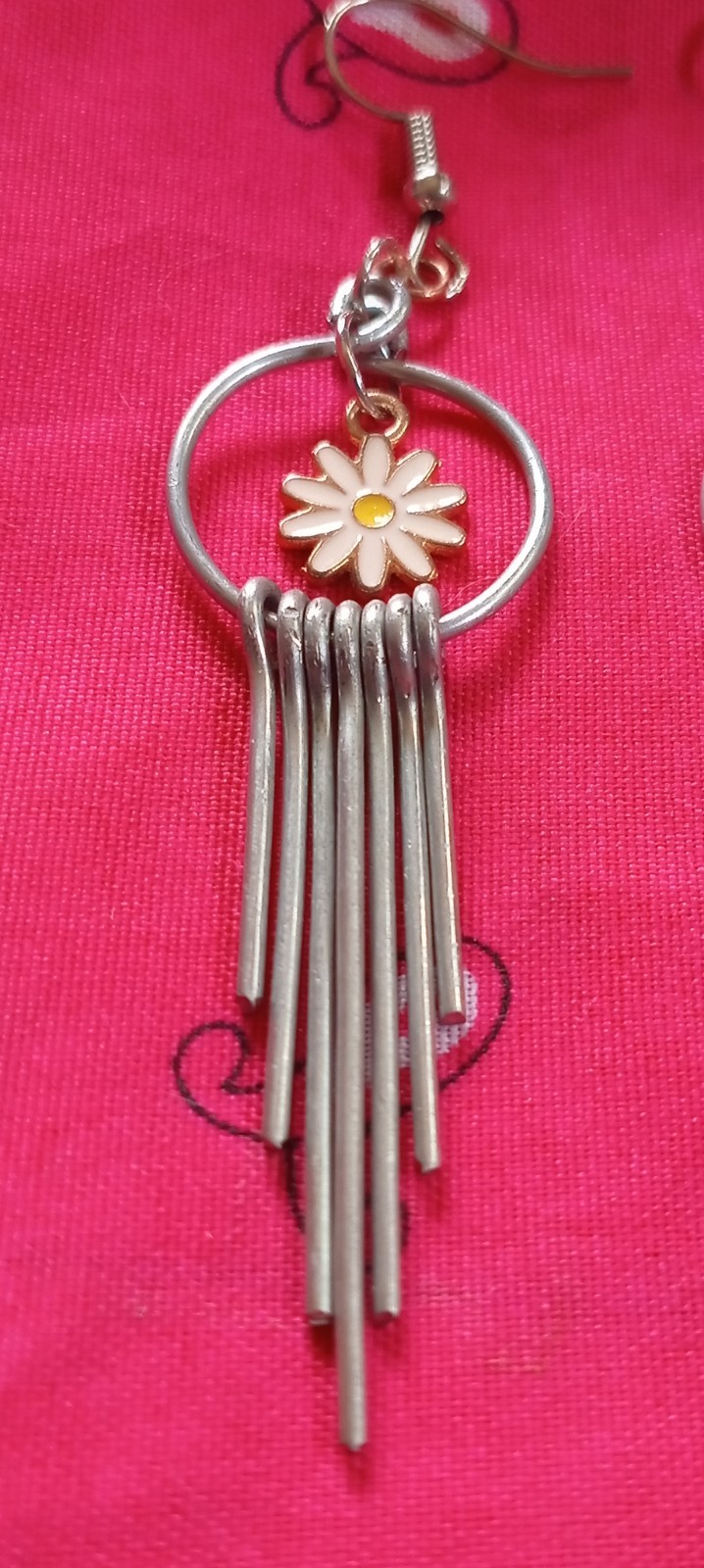 Silver & White Daisy Flower Round Metal Dangle/Drop Hook Earrings