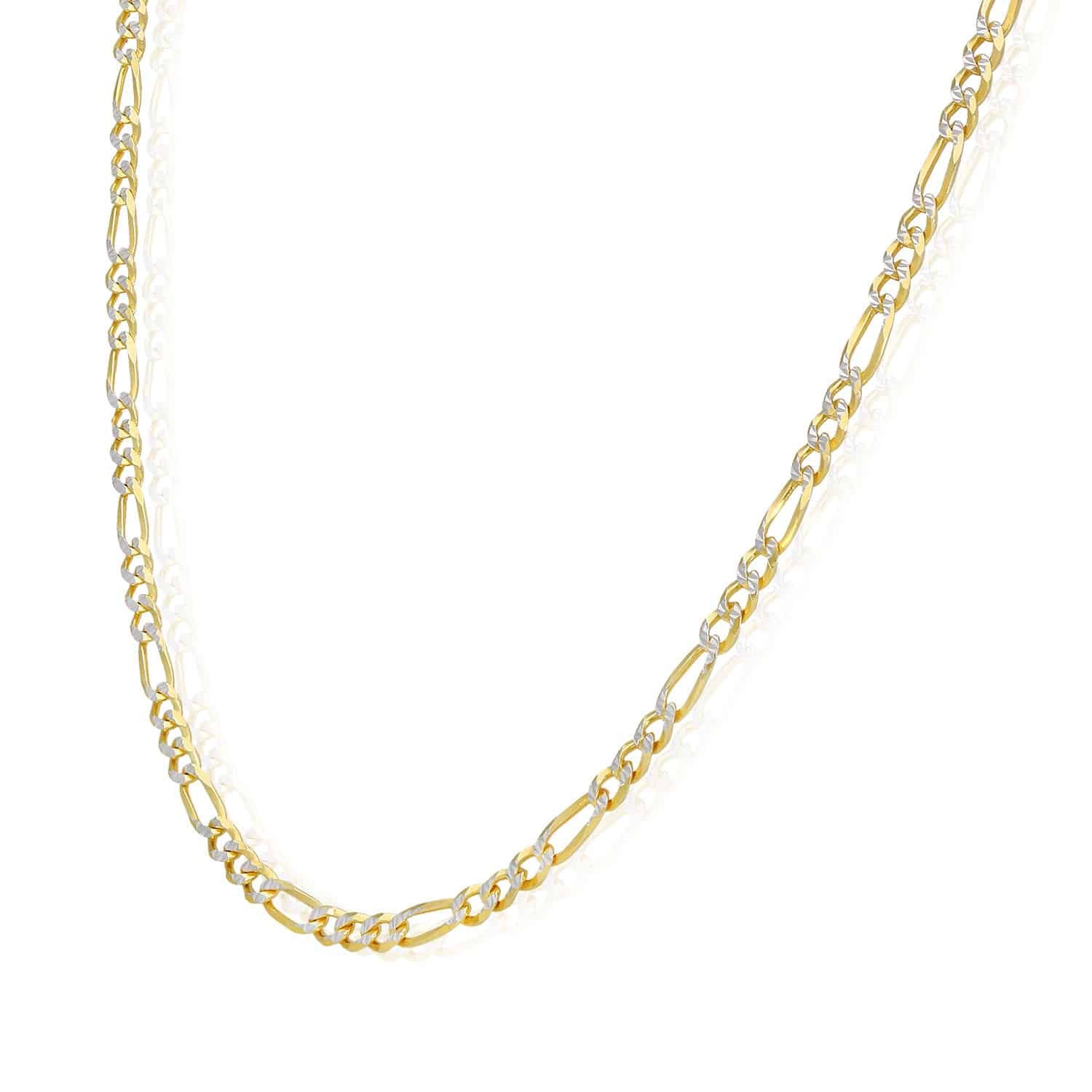 Solid 18K Gold Over Silver 3.5mm Diamond-Cut Pave Figaro Chain Necklace 16″-30″