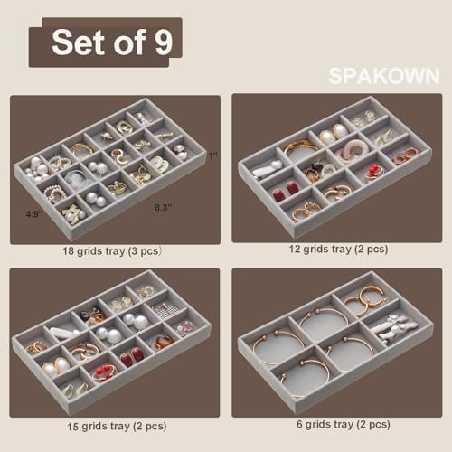 SPAKOWN Jewelry Organizer for Drawer Set of 9, Velvet Jewelry Tray Grey