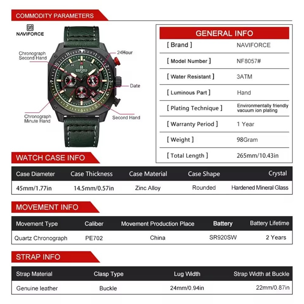 NAVIFORCE Men Watches Military Chronograph Square Watch Leather Date Wristwatch