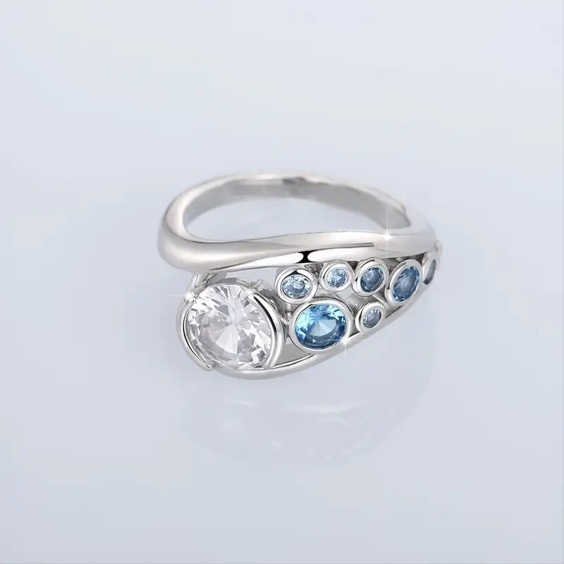 Elegant 925 Sterling Silver Blue White Topaz Wedding Engagement Ring Size 7