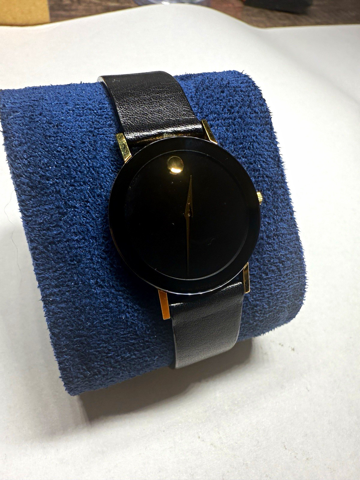 Movado Museum Quartz 34mm Black Dial Gold Tone Case Black Leather Strap Box