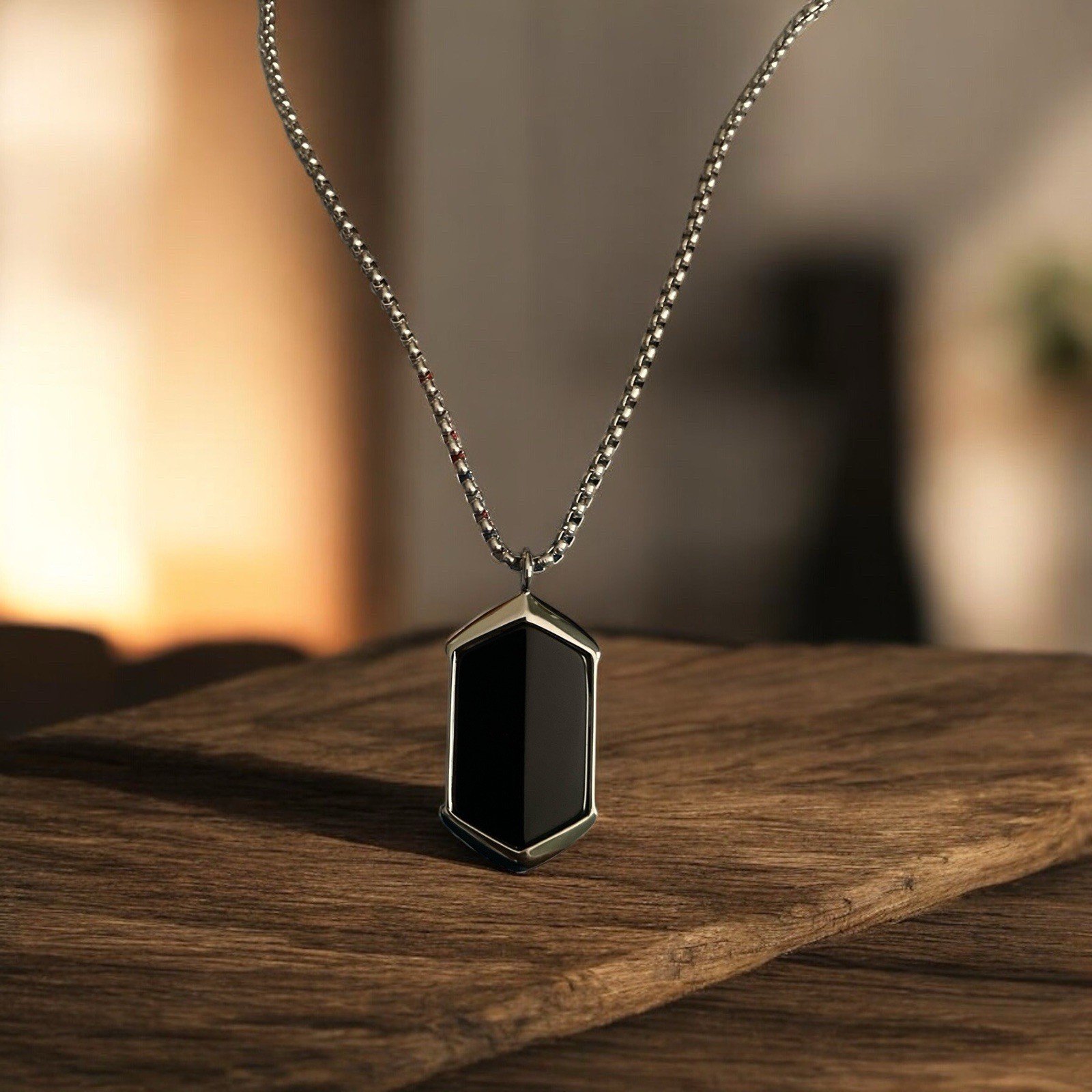 Stainless Steel Shield Pendant Necklace Black Onyx Style