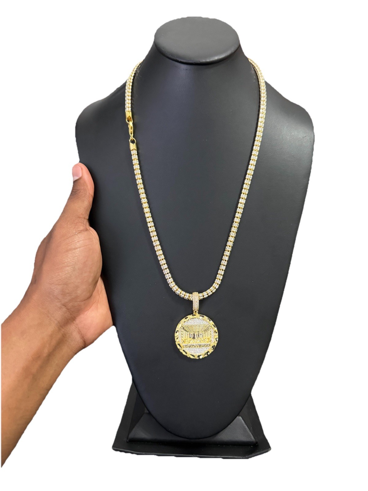 S925 5 Ice Chain & Last Supper Brass Pendant Necklace 16-24”