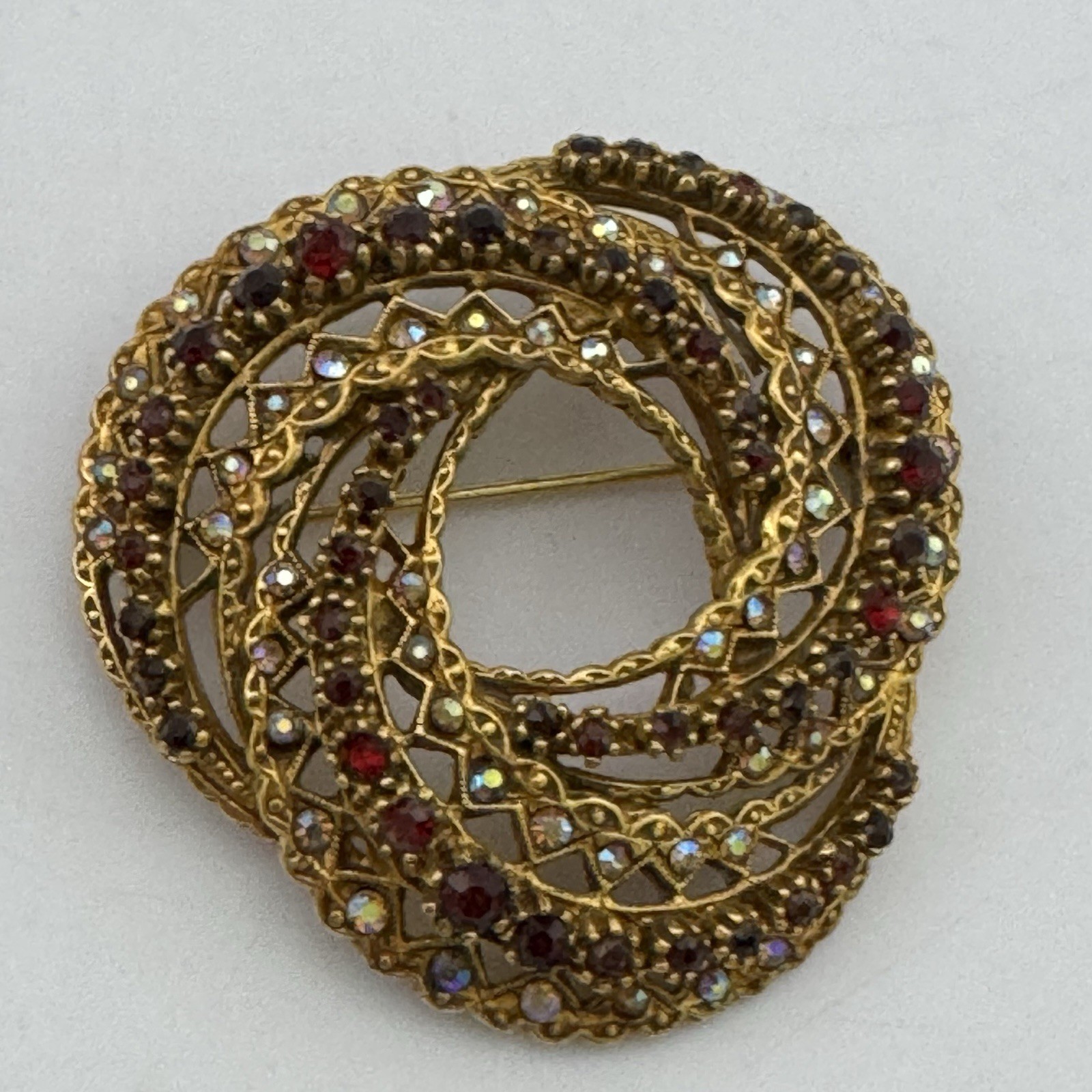 Vintage Signed ART Arthur Pepper Brooch Pin AB Rhinestone Garnet Red Gold Tone