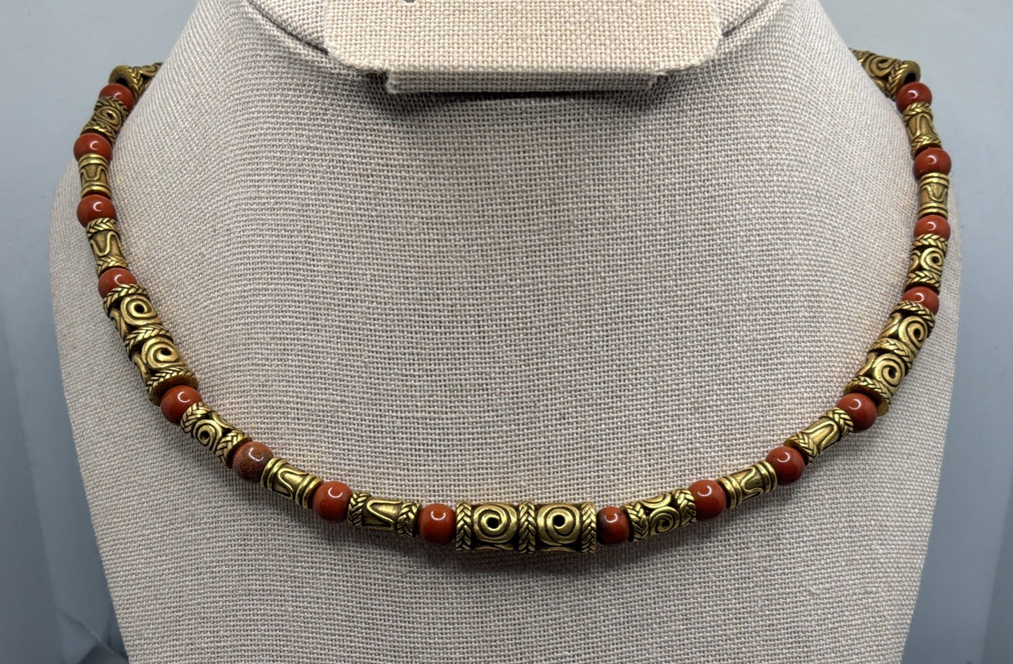 Etruscan Byzantine Beaded Necklace Gold Tone Rust Red Jasper Signed MMA