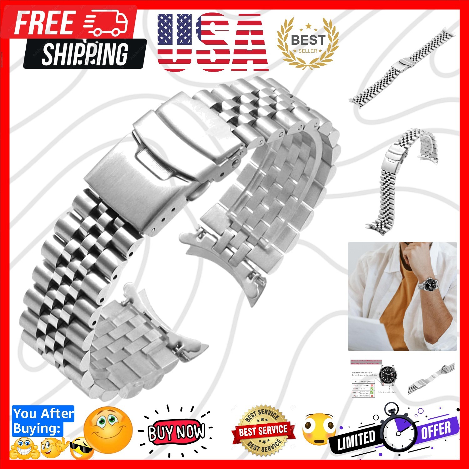 Stainless Steel Curved Ends Tapered 18mm 20mm 22mm 23mm 24mm Metal Watch Band…
