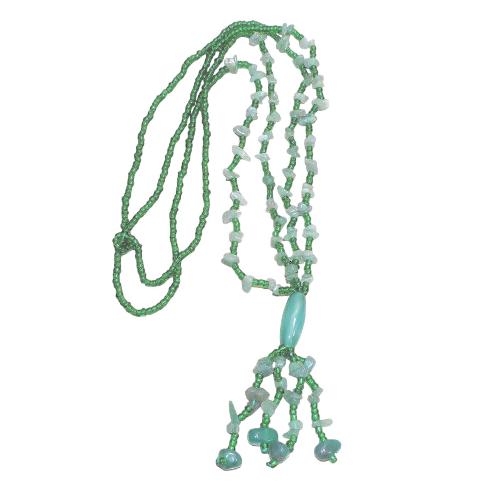 Green Aventurine Stone & Glass Necklace Handcrafted 35-Inch-Long Flapper Style