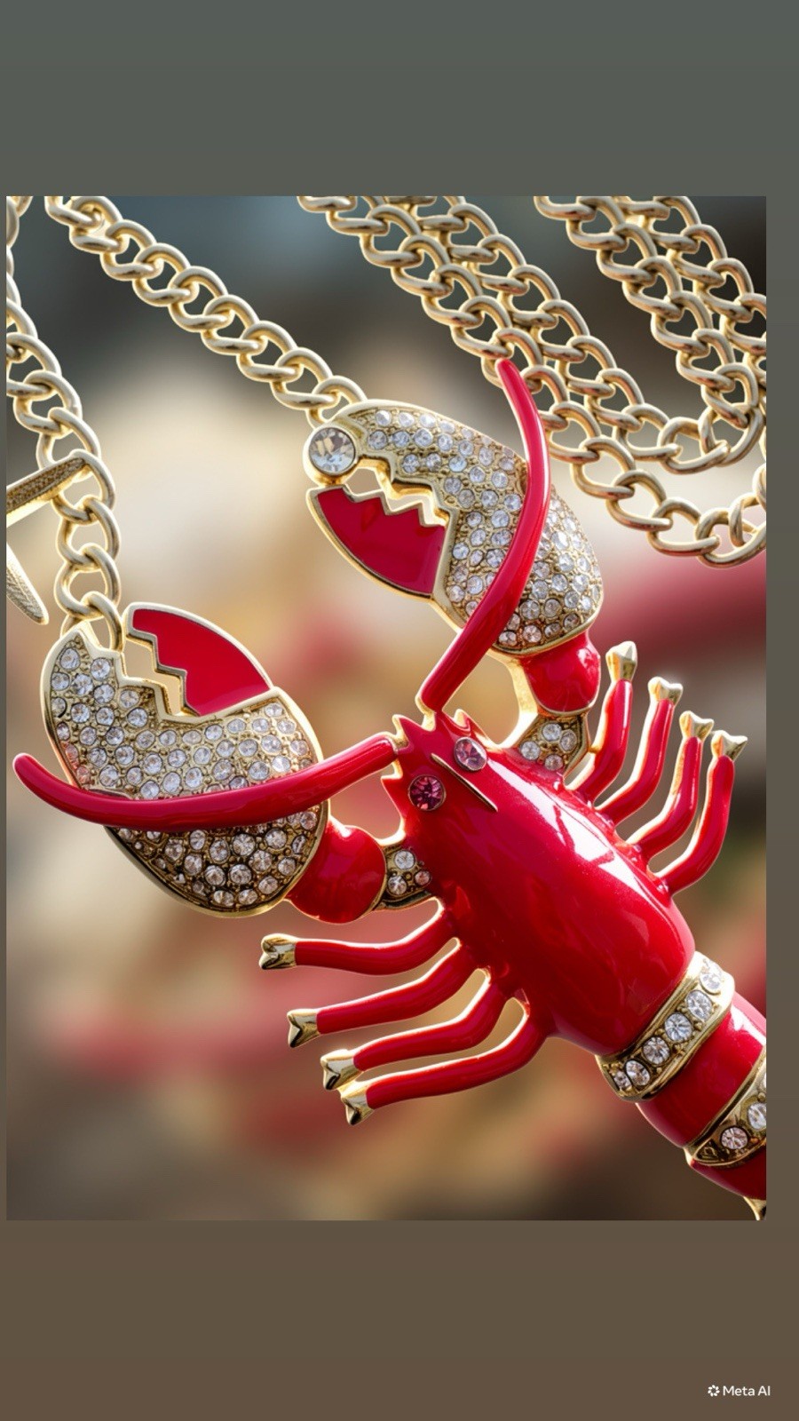 HUGE 🦞BETSEY JOHNSON Gold Tone Enamel Crystal Lobster OCharm Necklace🤩