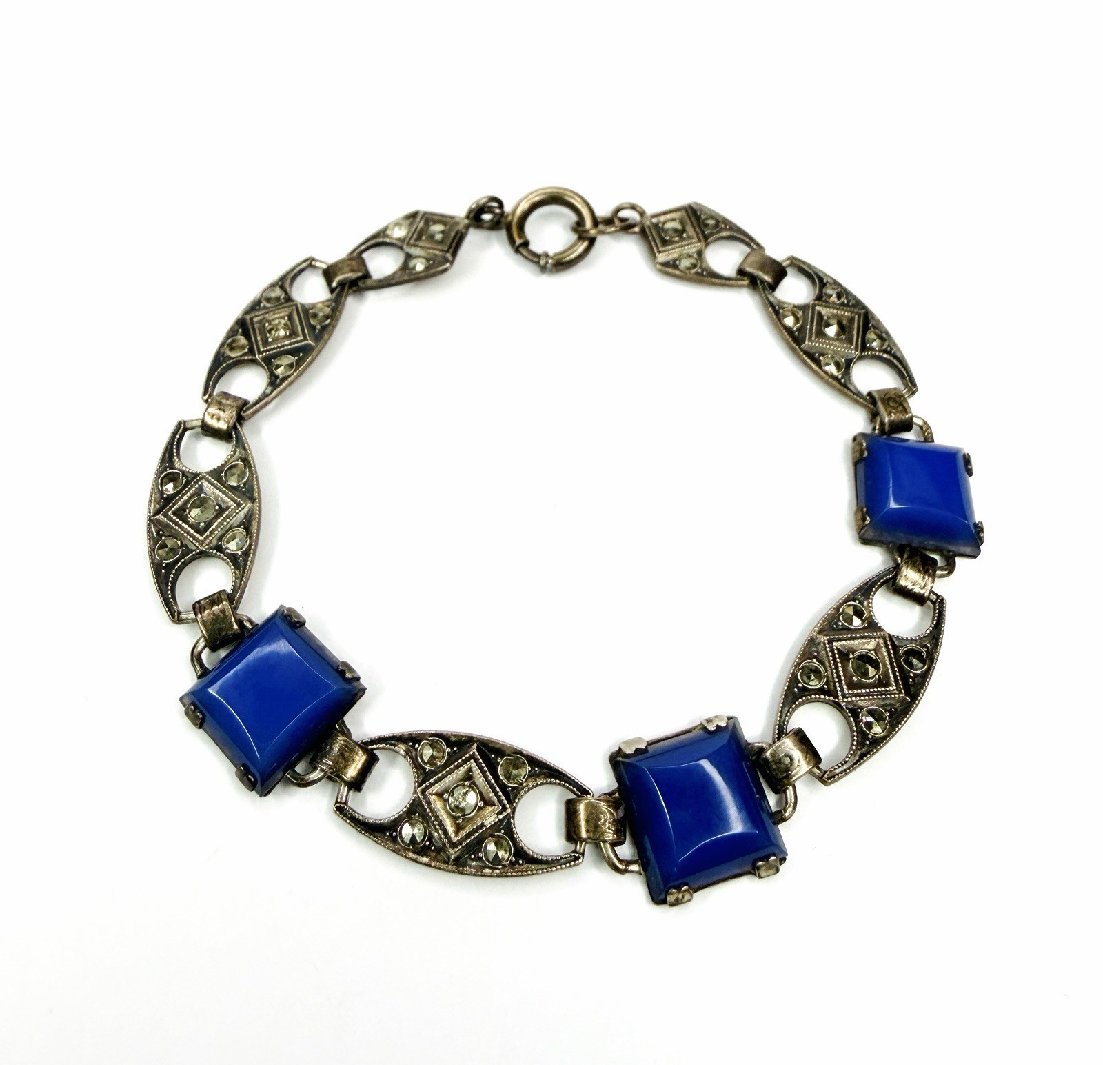 Rare Antique Art Deco Bracelet Blue Square Chalcedony Glass Beautiful Marcasite