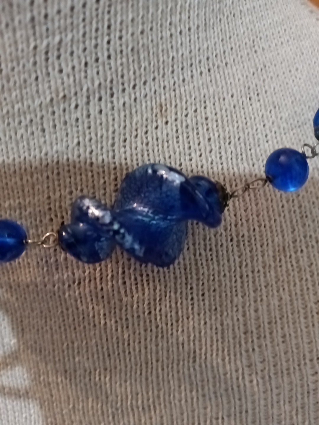 Handcrafted Twisted Blue White Murano Glass Blue Round Beads & Gunmetal Necklace