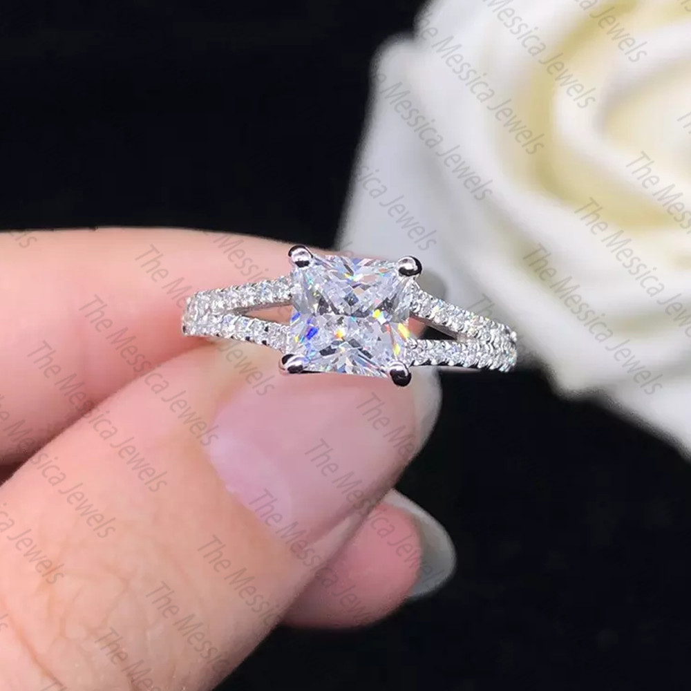 2.0 TCW Princess Cut Moissanite Split Shank Engagement Ring 925 Sterling Silver