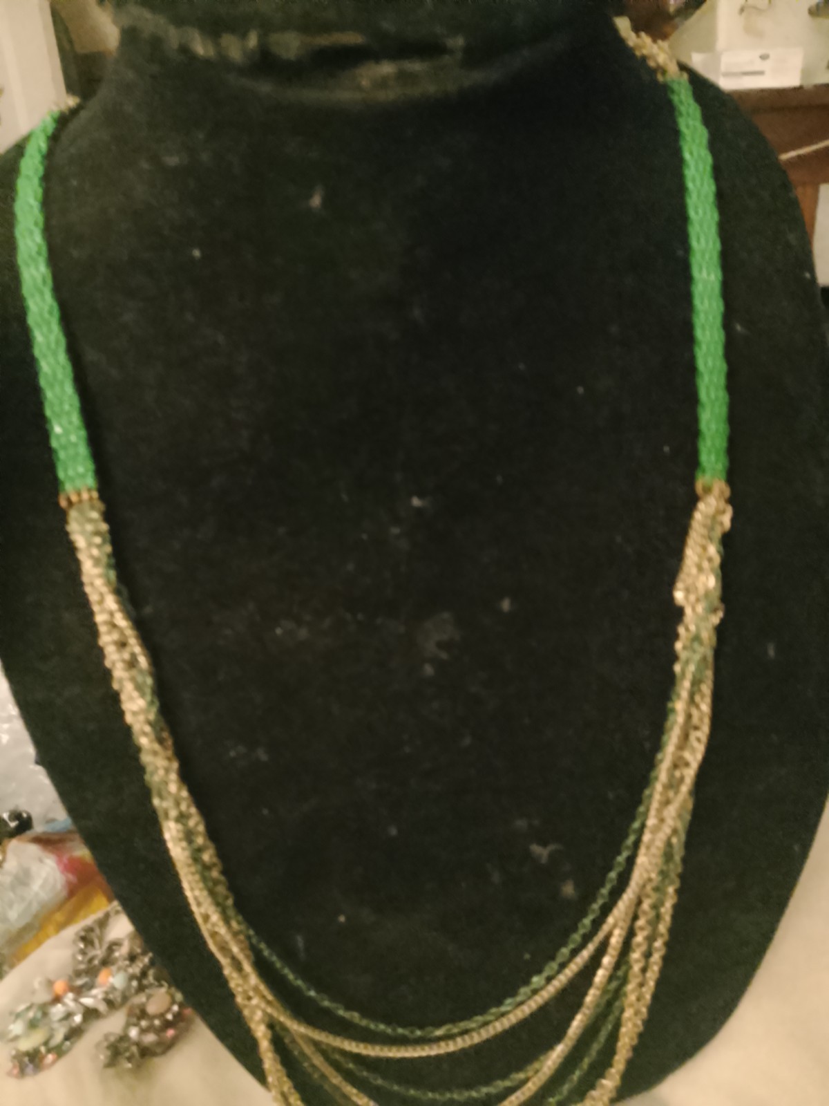 Green Gold-Tone Glass Round Beaded Multi-Strand Cable Chain Necklace Bohemian