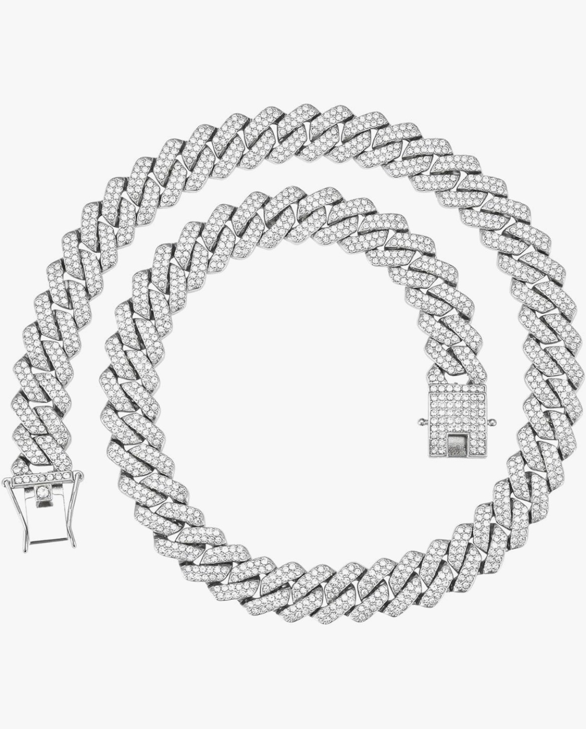 Iced Out Cuban Link Chain Necklace White Gold Plated CZ 24inch Box Clasp