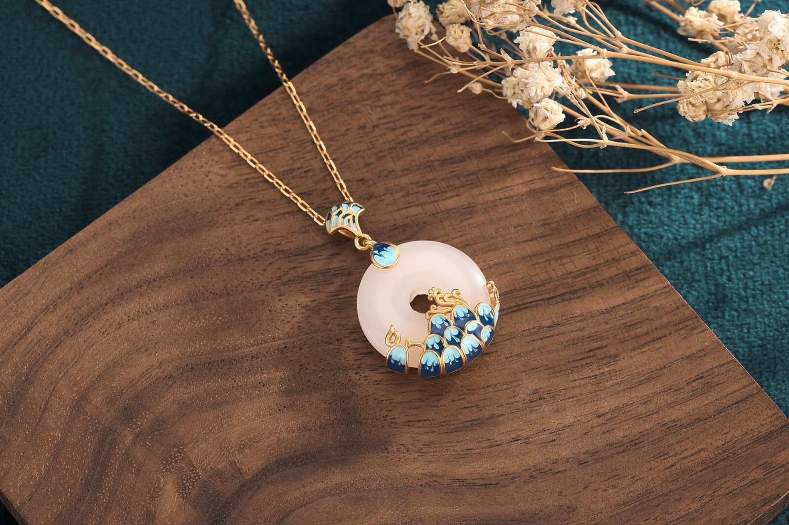 Ivory Jade Pendant Necklace Charm 18K Gold Plated Flower Cloisonne Gemstone