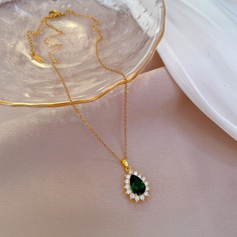 18K Gold Plated Crystal Teardrop Emerald Pendant Necklace for Women Gifts