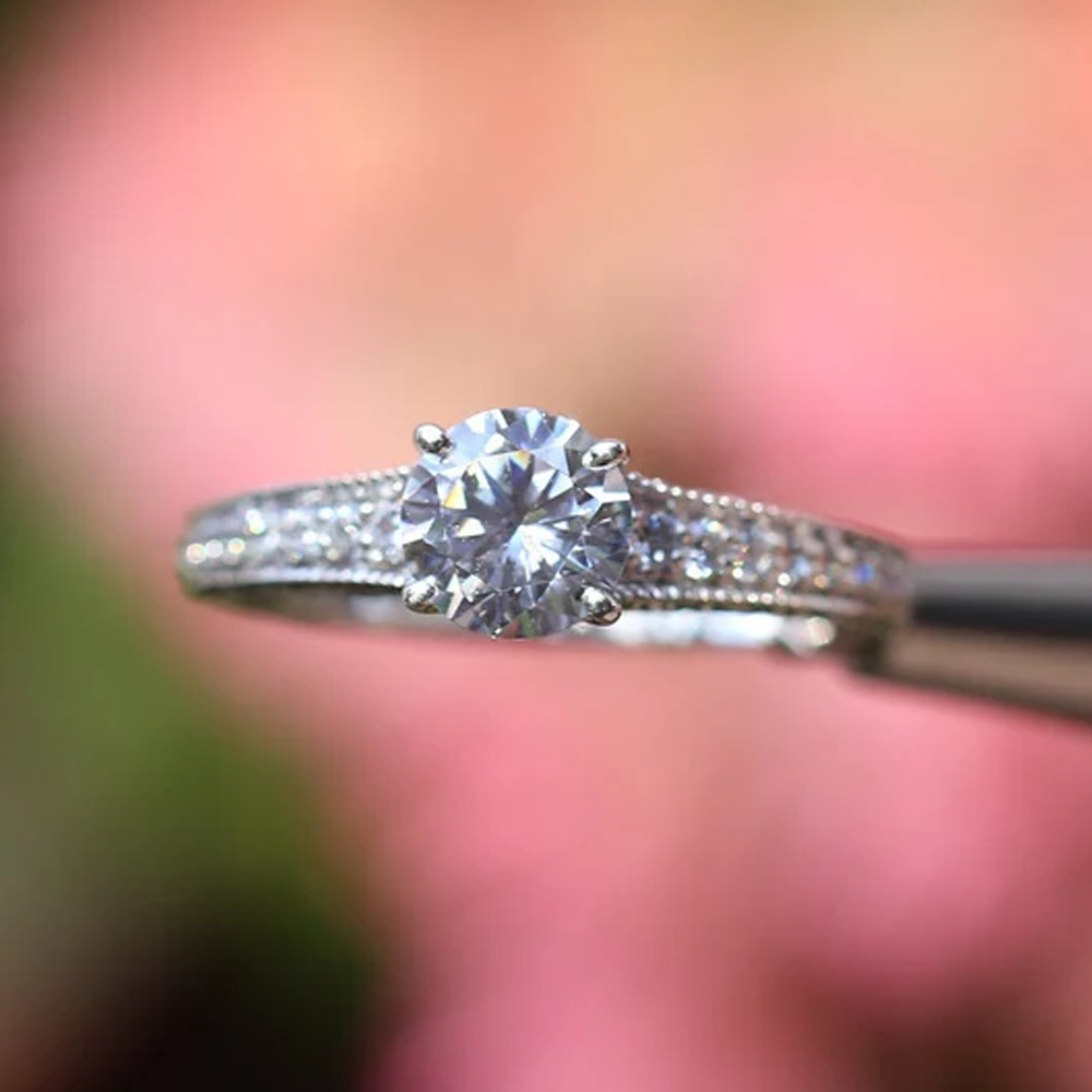 1.45 TCW Round Cut Moissanite Pave 4-Prong Engagement Ring 14K White Gold Plated