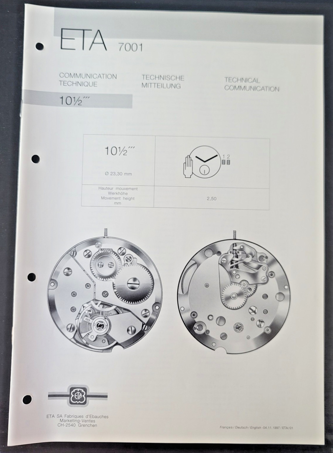 ETA 7001 Factory Original Technical Manual Movement Specification Sheet CB26