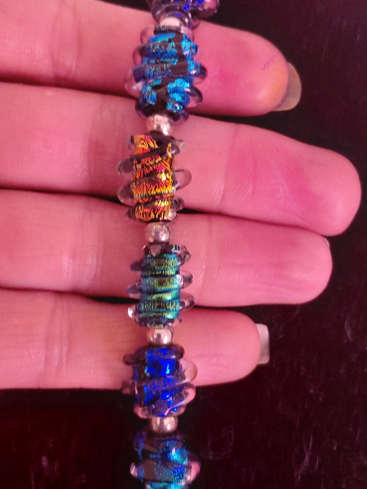 RARE: 1970 HANDMADE DICHROIC GLASS Disk Necklace-Heavy Solid Sterling Hardware