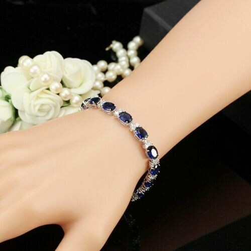 10Ct Oval Brilliant Cut Blue Sapphire Diamond Tennis Bracelet 14K White Gold Gp