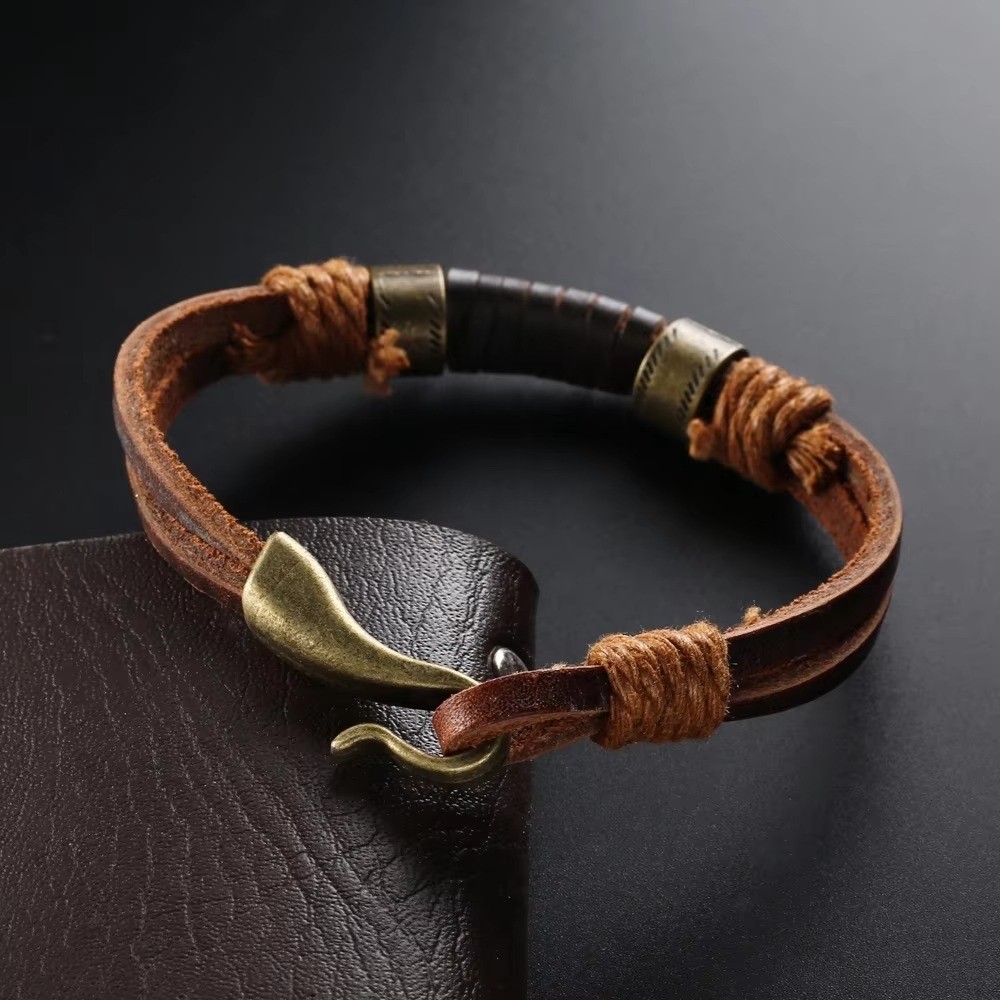 MENDEL 8 Inch Mens Simple Cowboy Copper Leather Bracelet Wristband Cuff For Men