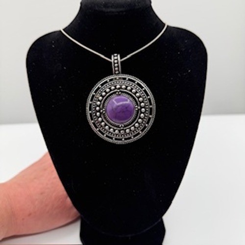 Premier Designs Silver Reversible Purple Stone Round Pendant Necklace