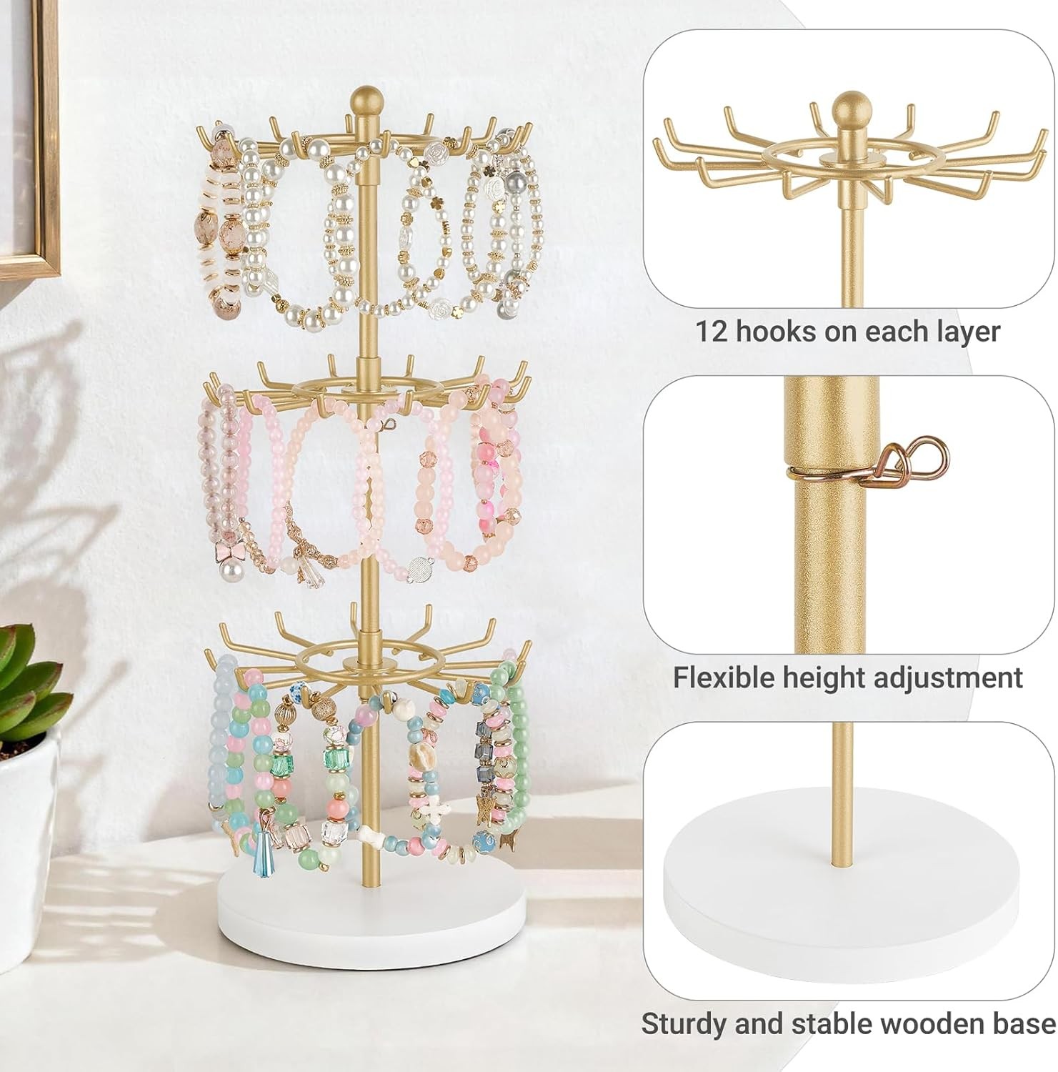 Gold Rotating Bracelet Stand 3 Tier 36 Hooks Wood Base, Jewelry Display Tower