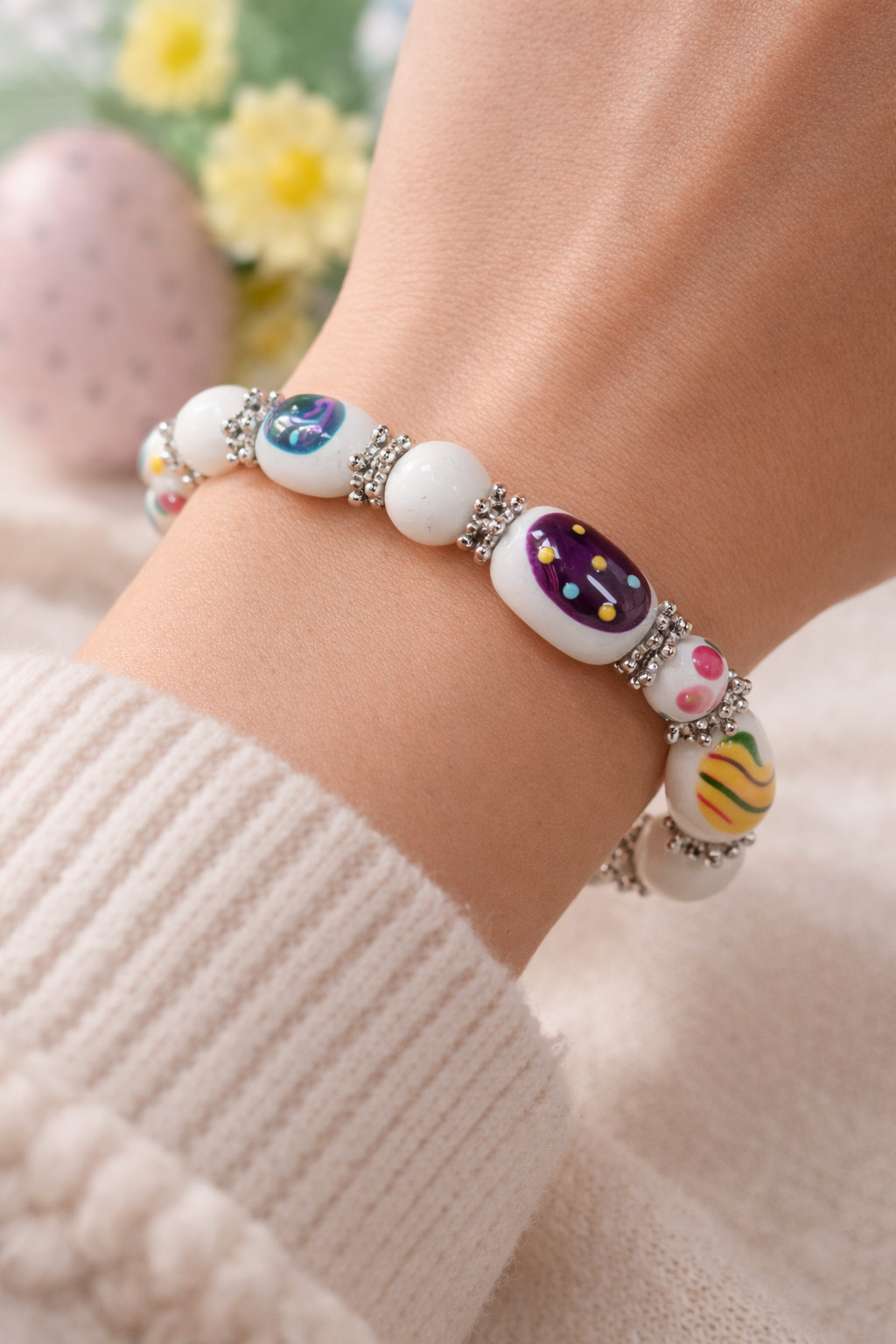 EasterEgg Bracelet Multi colorful Colorful Spring Pastel Beaded Stretch Bracelet