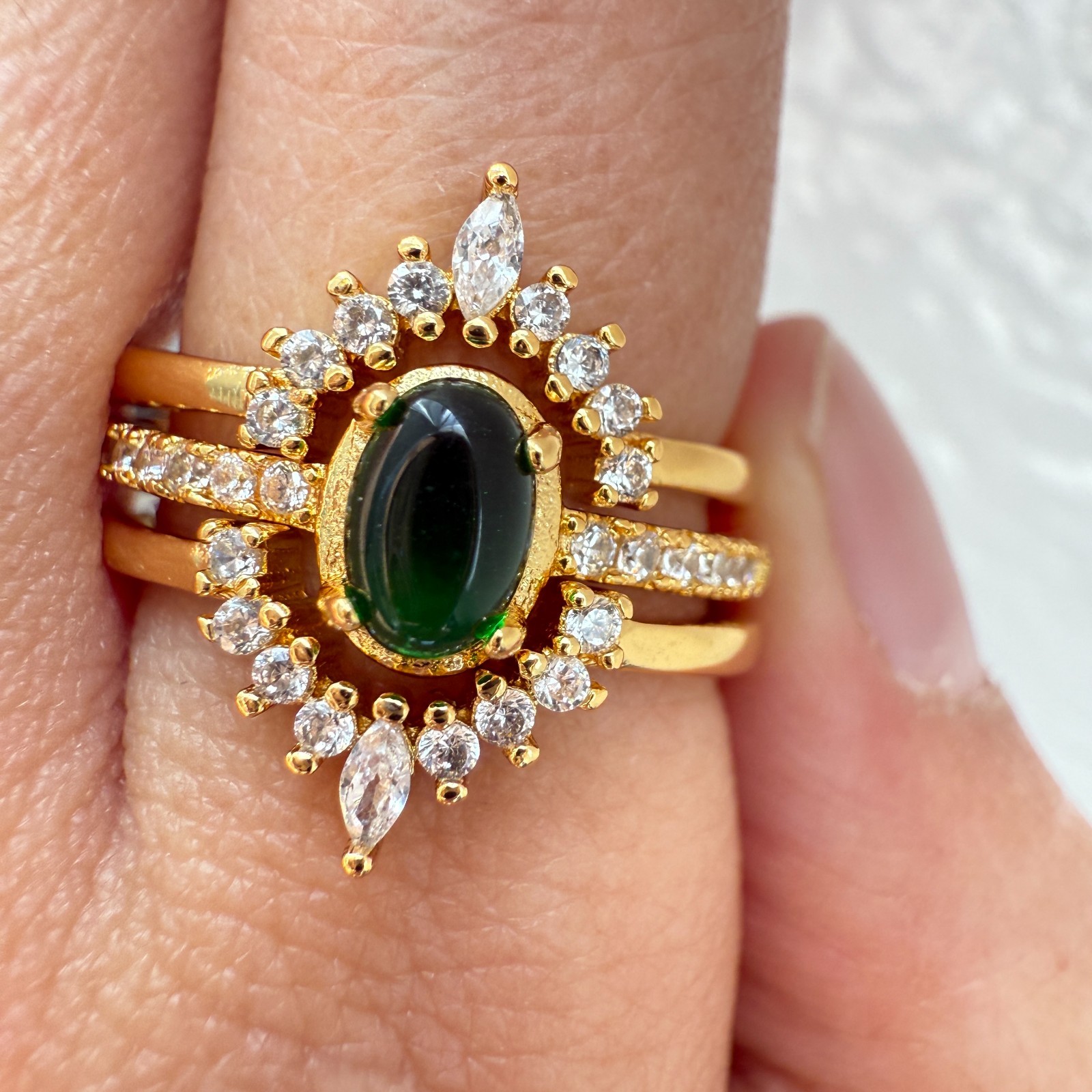 925 Sterling Silver Ring 3in1 6x4mm Green Natural Emerald Gemstone Zircon Flower