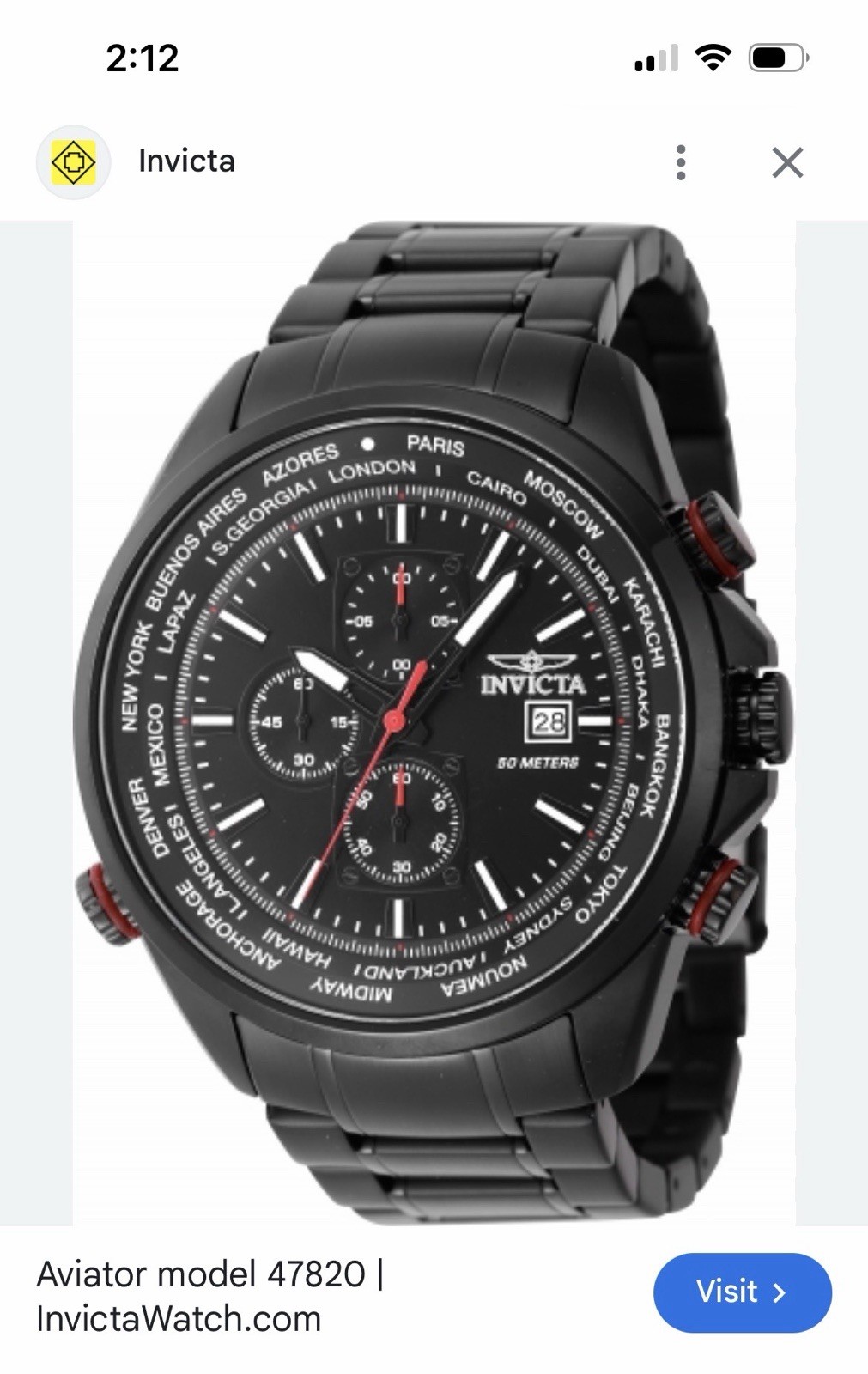 Invicta Aviator Men’s Quartz Chronograph Date 48mm Black SS Bracelet 50m Box