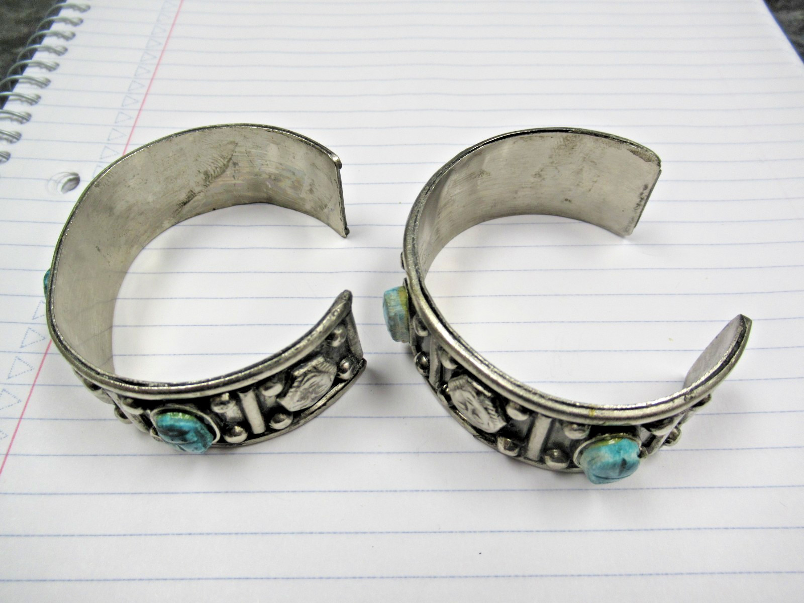2 Vintage Made Egypt Egyptian Faience 3 Scarab Costume Jewelry Cuff Bracelets